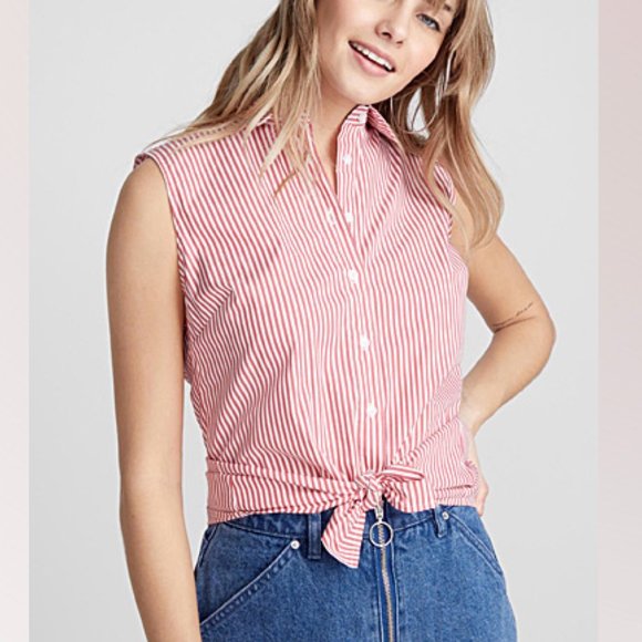 Twik Red and White striped sleeveless button up blouse - Picture 1 of 11